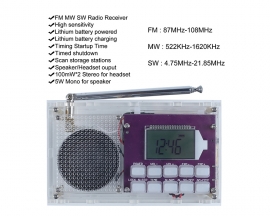 DIY Kit FM MW SW Wireless Radio Receiver DC 3.7V Clock Alarm 2W Stereo Dual Channel Radio Kit with Acrylic Case